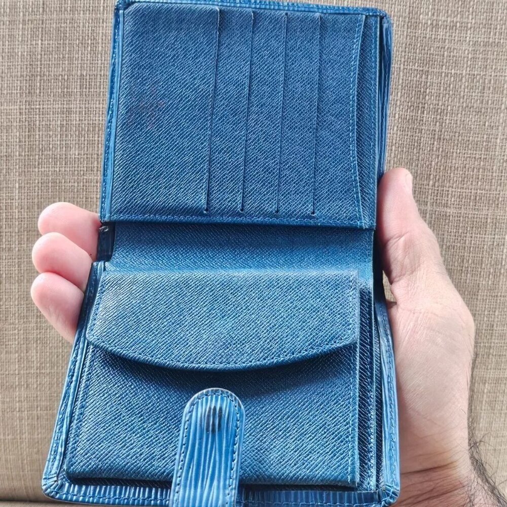 Louis Vuitton Wallet Card Holder Blue Leather Bifold Purse Made in Spain - Picture 3 of 13